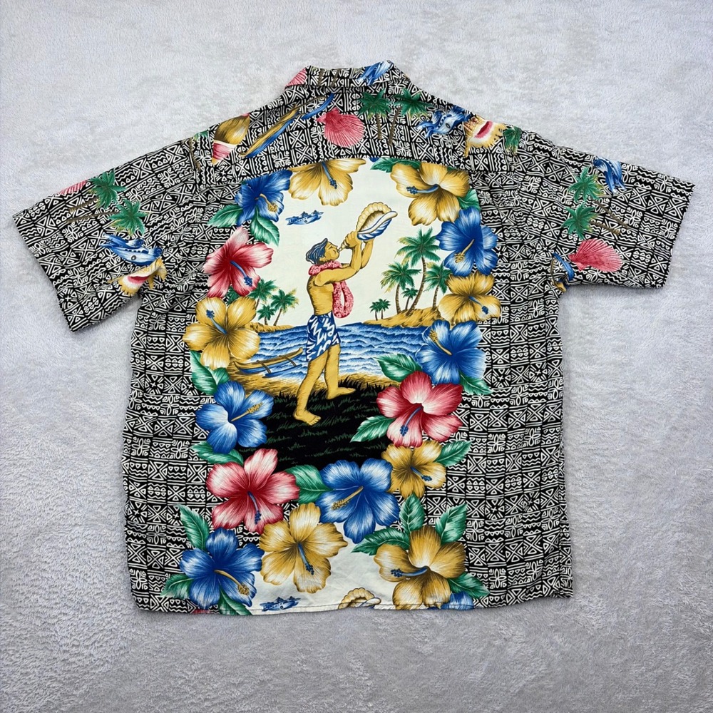 Reyn Spooner Shirt Men Large Black White Tapa Floral Back Graphic Hawaiian Aloha